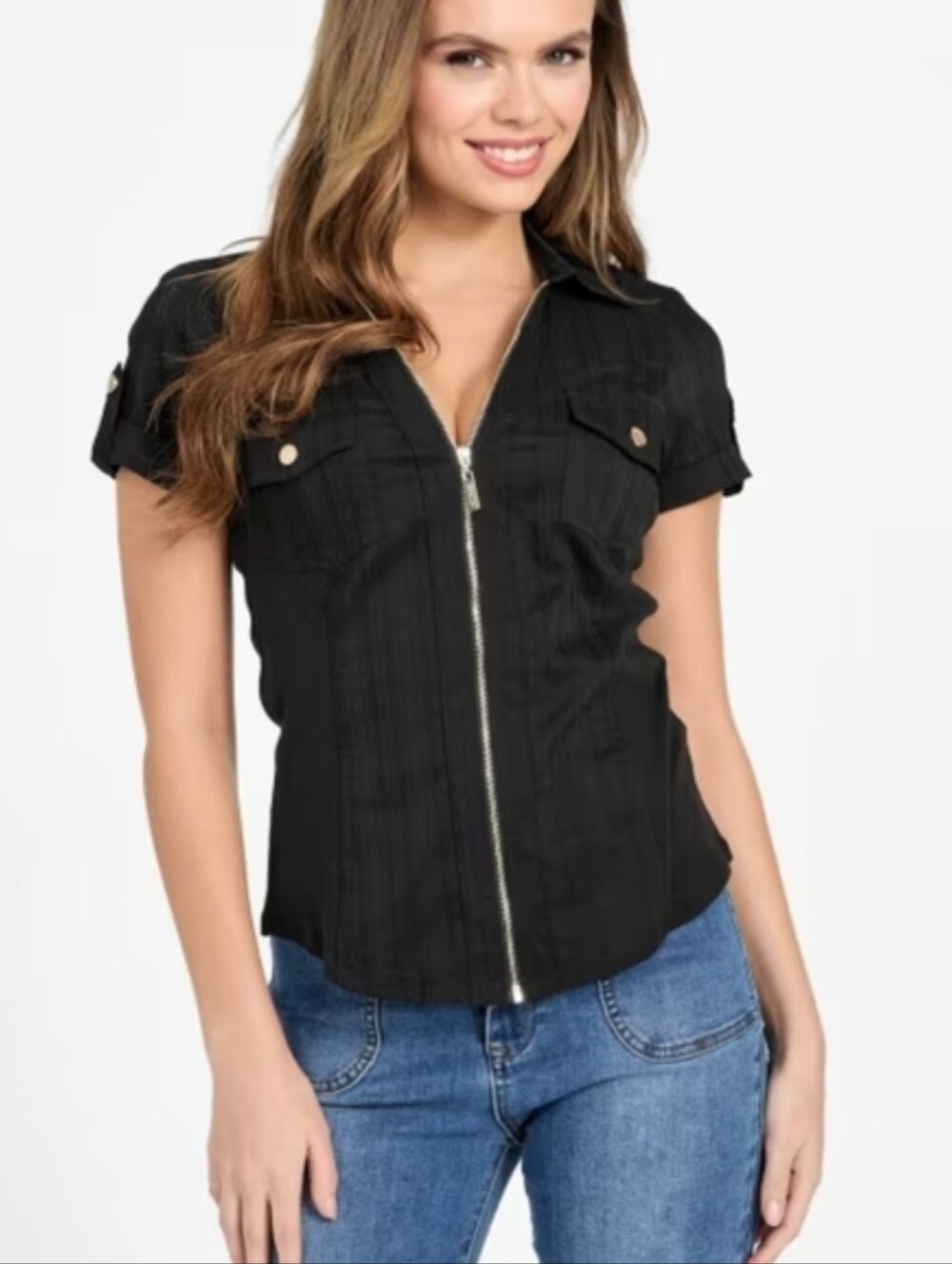 GUESS Amaya Cotton Blend Zip-Front Short Sleeve Pockets Top Size L